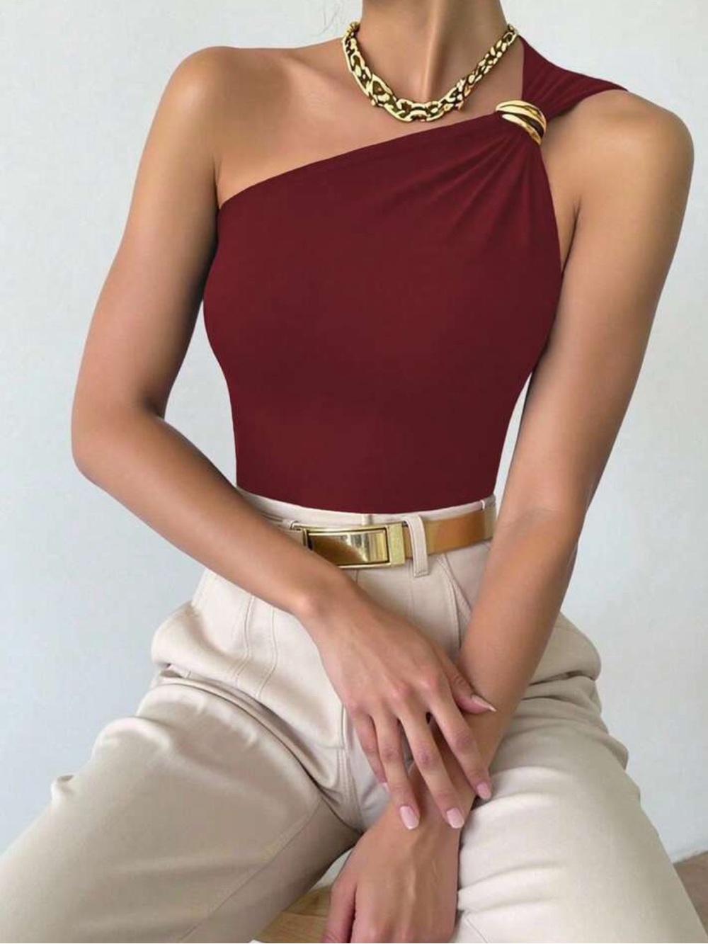One-Shoulder Burgundy Tank Top with Gold Accent